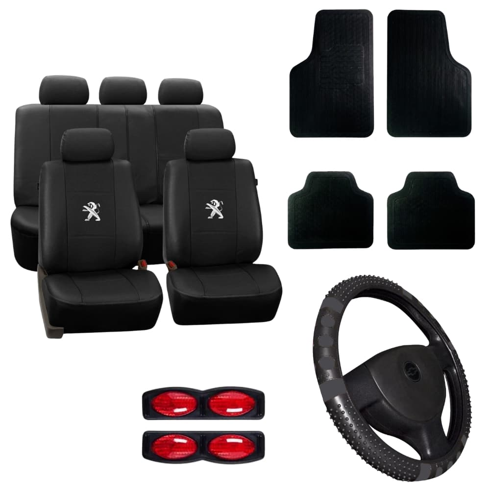 Kit Capas De Banco Carro Pejo Peugeot 206 207 306 Couro Automotivo+Tapete Volante Protetor De Porta