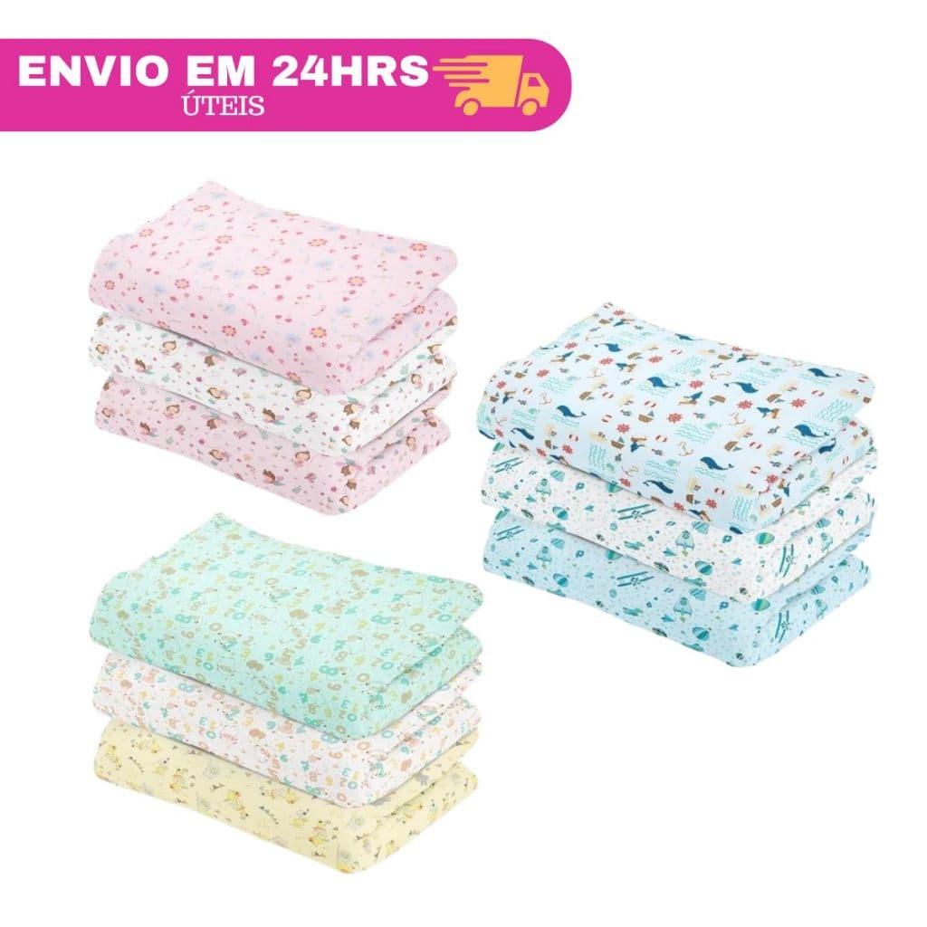 Kit Cueiro Manta Bebê Flanelado Estampado 80x50cm 100%Algodão Papi Enxoval Recem-nascido Menino Menina 3 Unidades