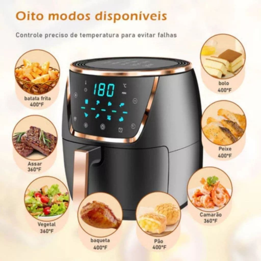 Fritadeira Elétrica sem Óleo 6.5L Air Fryer Digital Touch 1500Watts Preto 127V 220V