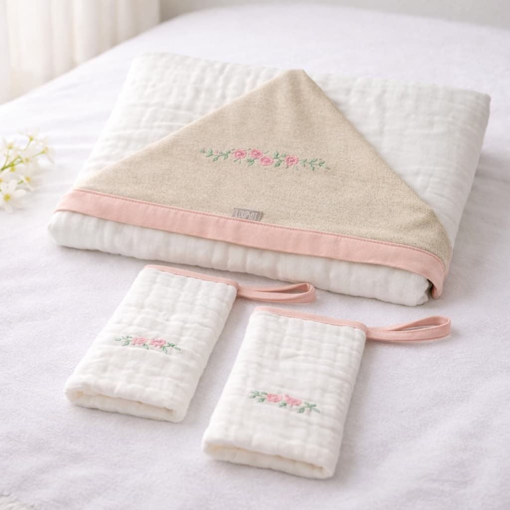 Kit Toalha Fralda Bebê Super Soft 3 Camadas 100x85cm Capuz + 2 Babinhos 100% Algodão Recém Nascido