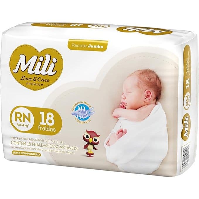 Mili Fralda Infantil Love & Care Recém Nascido RN, Alta Absorção, Ajuste Confortável, 18 Unidades