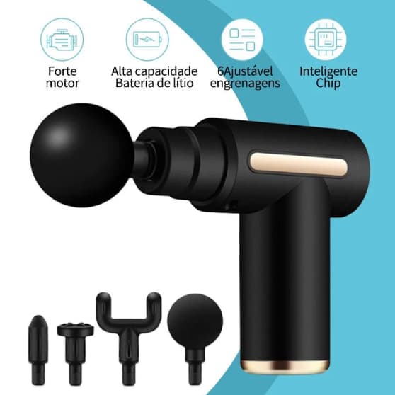 Mini Pistola Massageadora Elétrica Profissional Muscular 6 Velocidades Portátil Recarregável 4 Cabeças Alívio de Dores