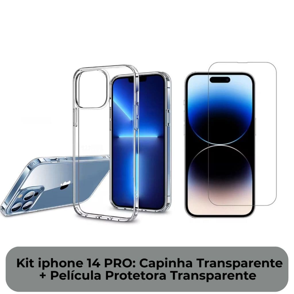 KIT Para iPhone 14 PRO: Capa Capinha Celular Transparente +Película de Proteção Resistente 3d