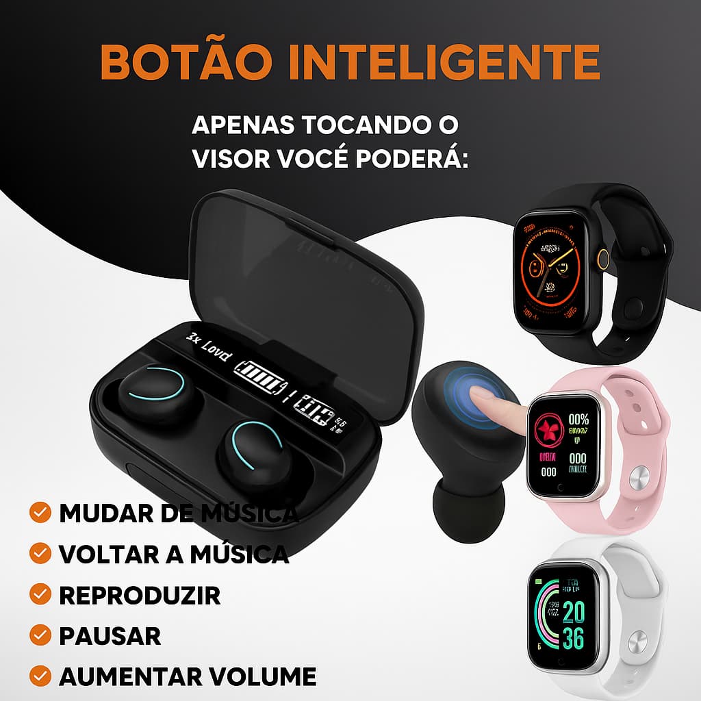 Kit Relógio Smartwatch D20 Pró Y68 + Fone de Ouvido sem Fio M10 Modo treino fitness