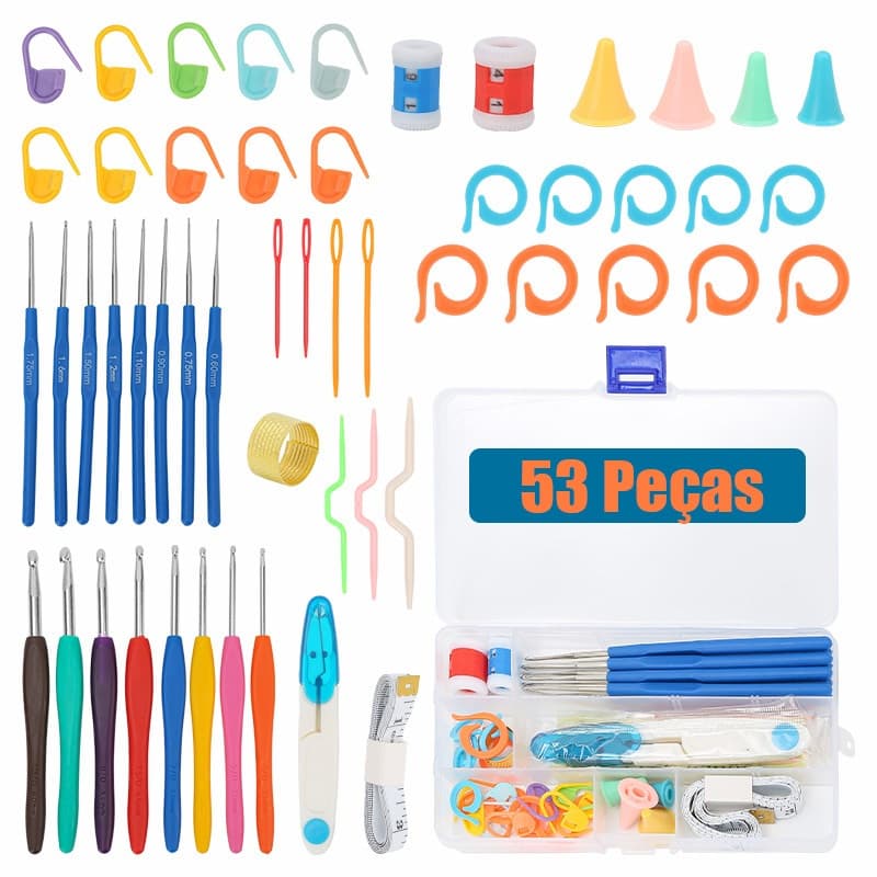 Kit Crochê Completo 53 Peças Para Fazer Amigurumi Agulhas Cabo Soft Tesoura