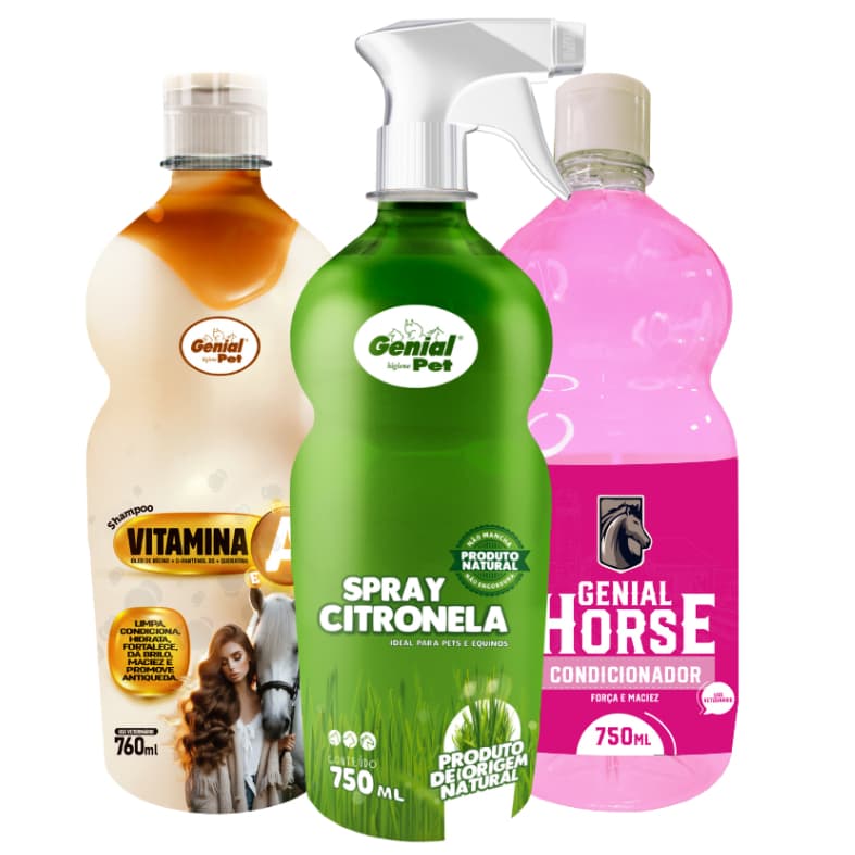 Kit Repelente Spray Citronela, Shampoo e Condicionador para Cavalos 750ml