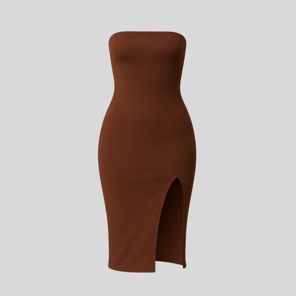 Vestido Midi Feminino Tomara Que Caia Canelado Premium com Fenda Moda Elegante