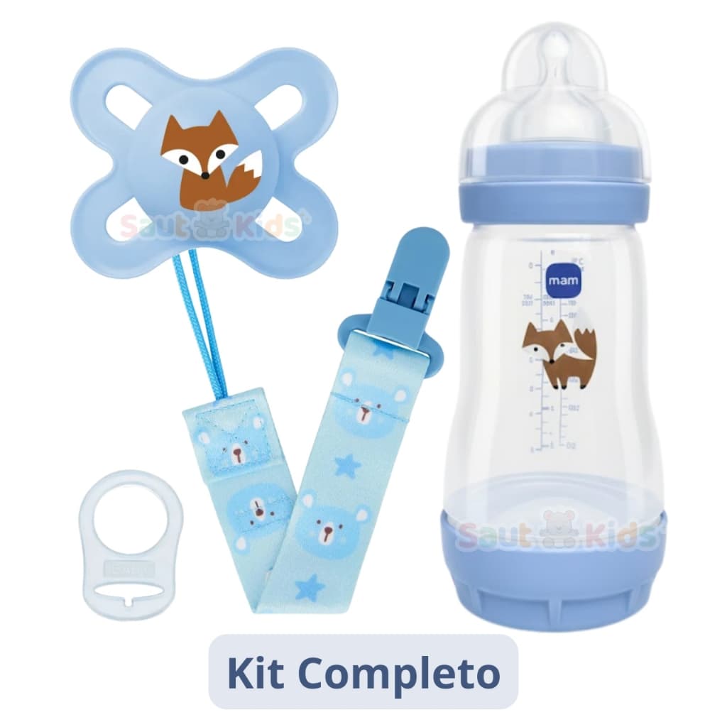 Kit Mamadeira 260ml Chupeta 0-2 MAM + Prendedor Buba e Anel Adaptador em silicone bebê meninos Azul