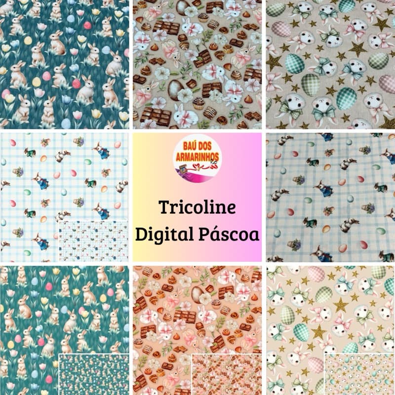 Tricoline Digital de Páscoa 1,50m larg – 50cm | 1m | 2m - 100% Algodão - Artesanato e Patchwork