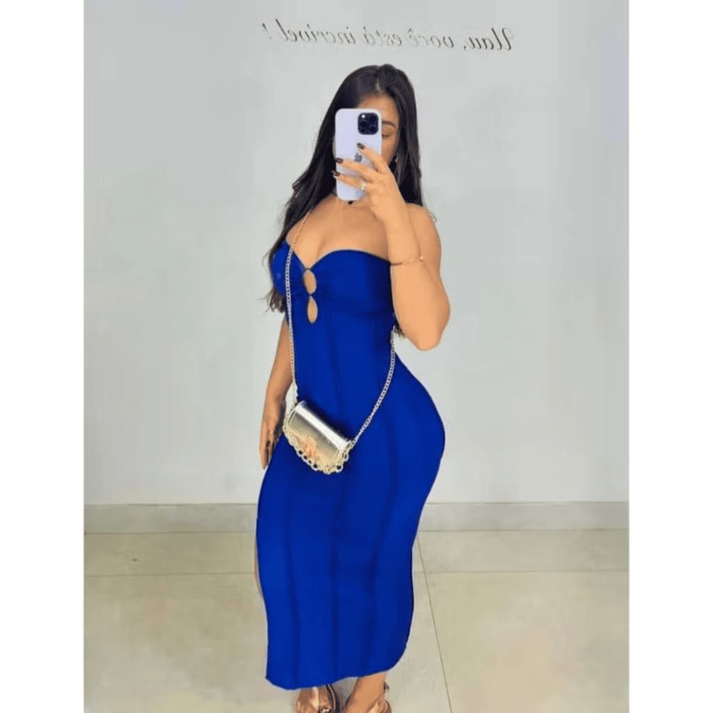 Vestido midi femenino drapeado com Argola, decote Moda Gringa CRT