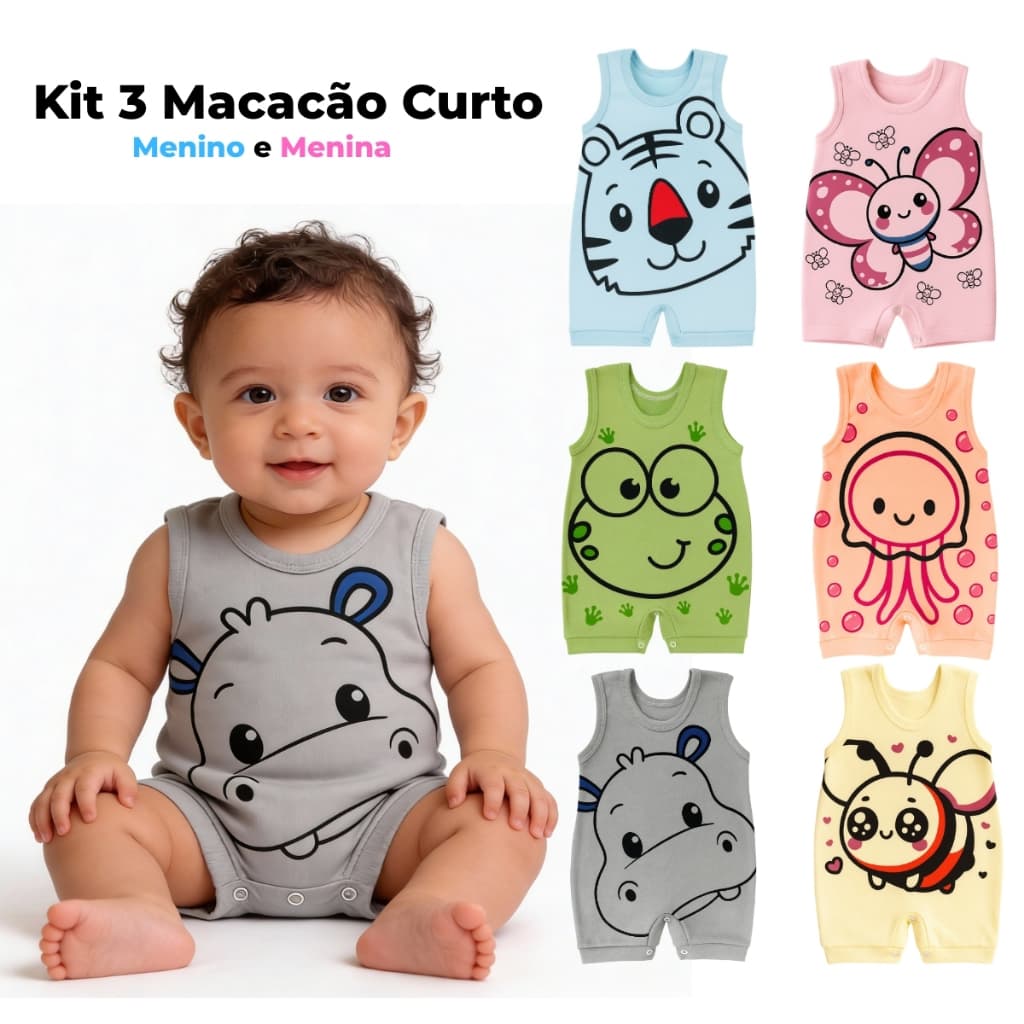 Kit com 3 Macacão Curto Estampado para Bebê - Banho de Sol Menina e Menino 100% algodão Verão Bebê