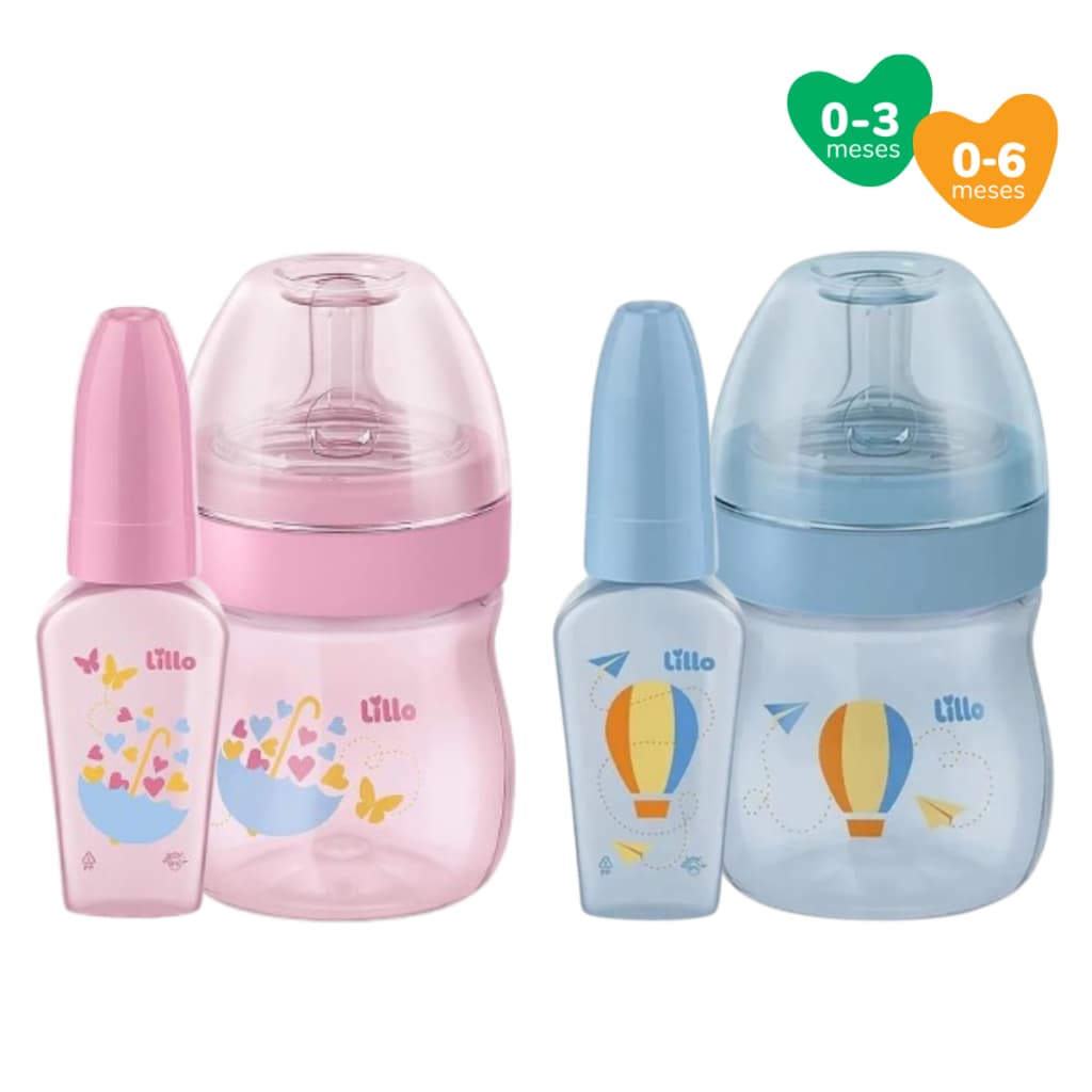 Kit Mamadeira com Chuquinha Lillo Recém Nascido Bico Redondo Tampa Antivazamento 50/150mL 0-6 Meses