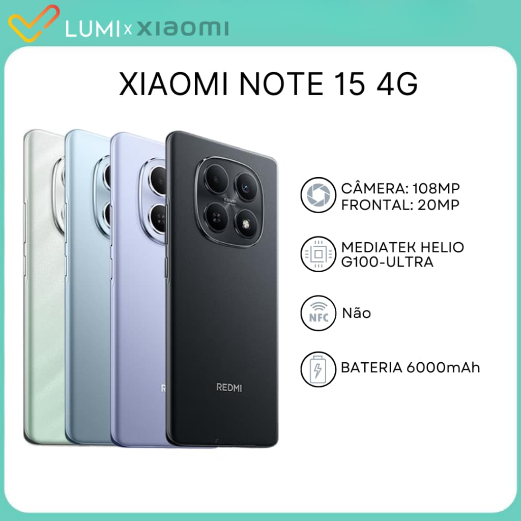 Xiaomi Redmi Note 15 4G, Câmera 108 MP, Bateria 6000mAh,128/2562GB - 6/8GB RAM, Processador Hélio G100-Ultra