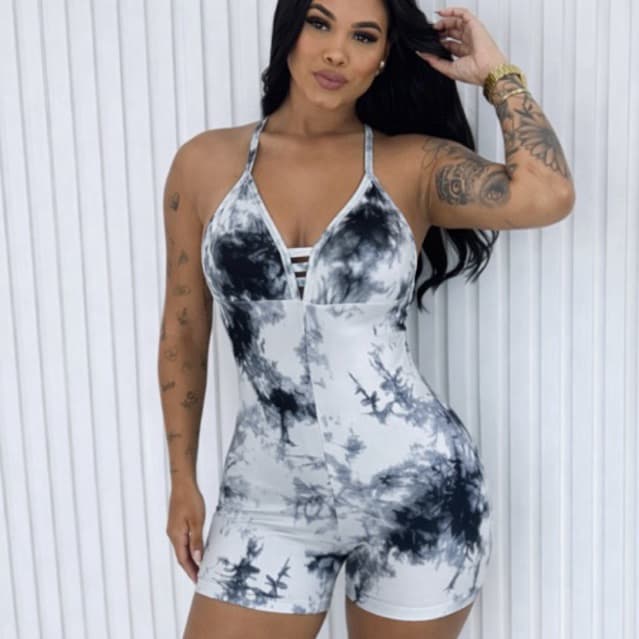 Macaquinho Fitness de Alça Fina Tie Dye Slim Decote V Academia Feminino Estampado