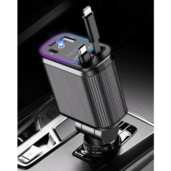 Carregador de carro retrátil, carregador rápido de para carro 4 em 1 para iPhone e Samsung com LED-Extensíve