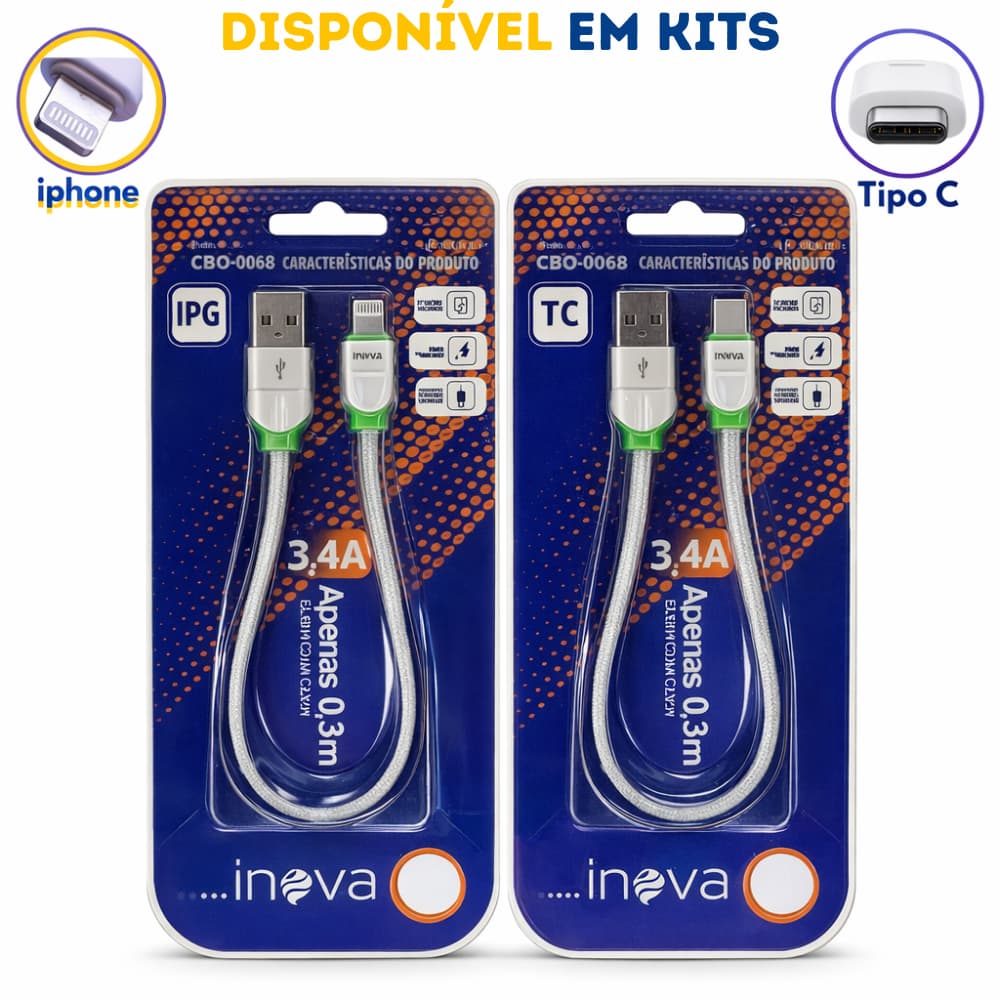 Cabo Usb Tipo C e iPhone Curto 30cm Inova Original | Carga Turbo + Dados Rápidos | Ideal para Power Bank e Carro