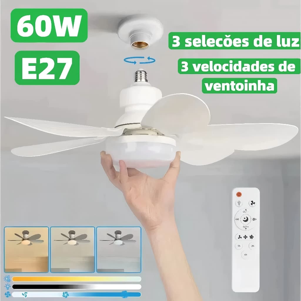 Ventilador Teto PRO 60W Super LED Lâmpada E27 Controle Remoto Luminária Economica de Energia 6 lâminas Bivolt