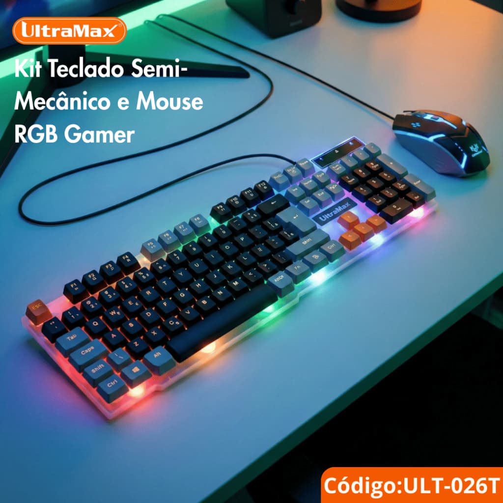 Teclado Semi-Mecânico Gamer UltraMax ULT-026T RGB Formato Full Size (100%) ABNT2