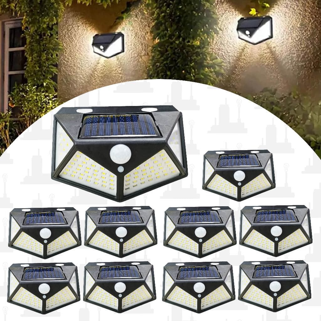 Kit 10 Luminária Solar Parede 100 Leds Sensor Presença Com 3 Funções Refletor Arandela LED FACTORY