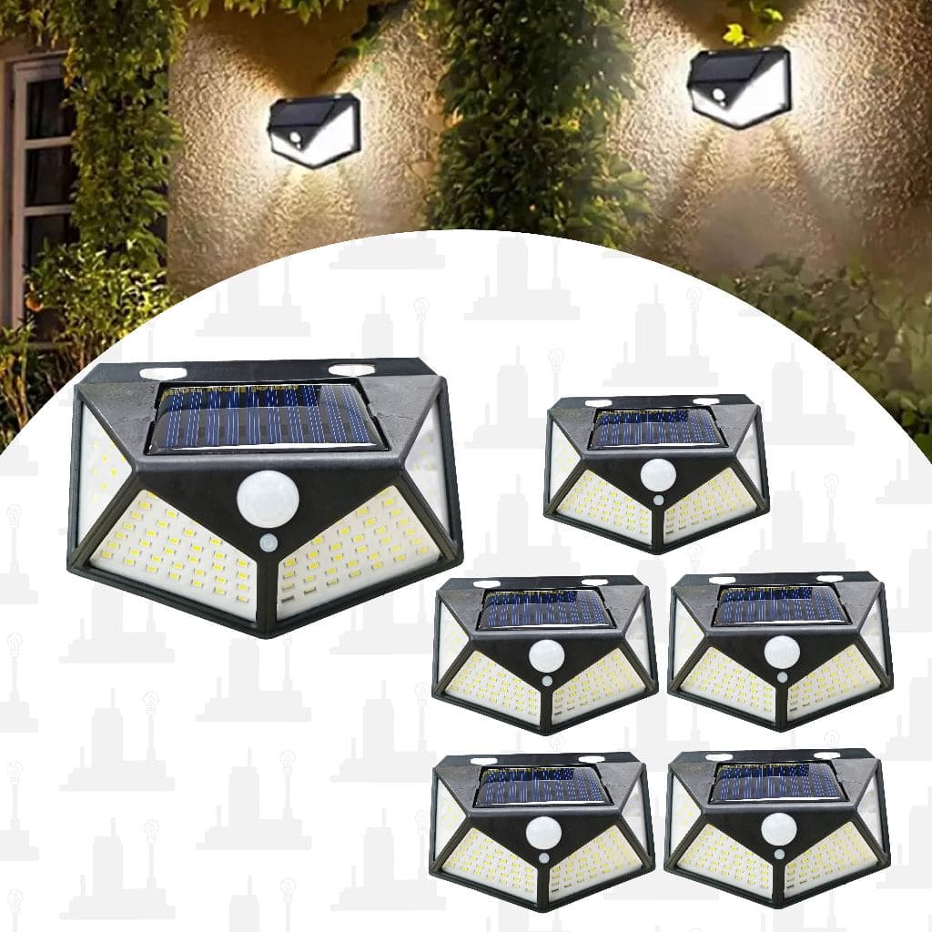 Kit 6un Luminária Solar Parede 100 Led Sensor Presença Com 3 Funções Refletor Arandela LED FACTORY