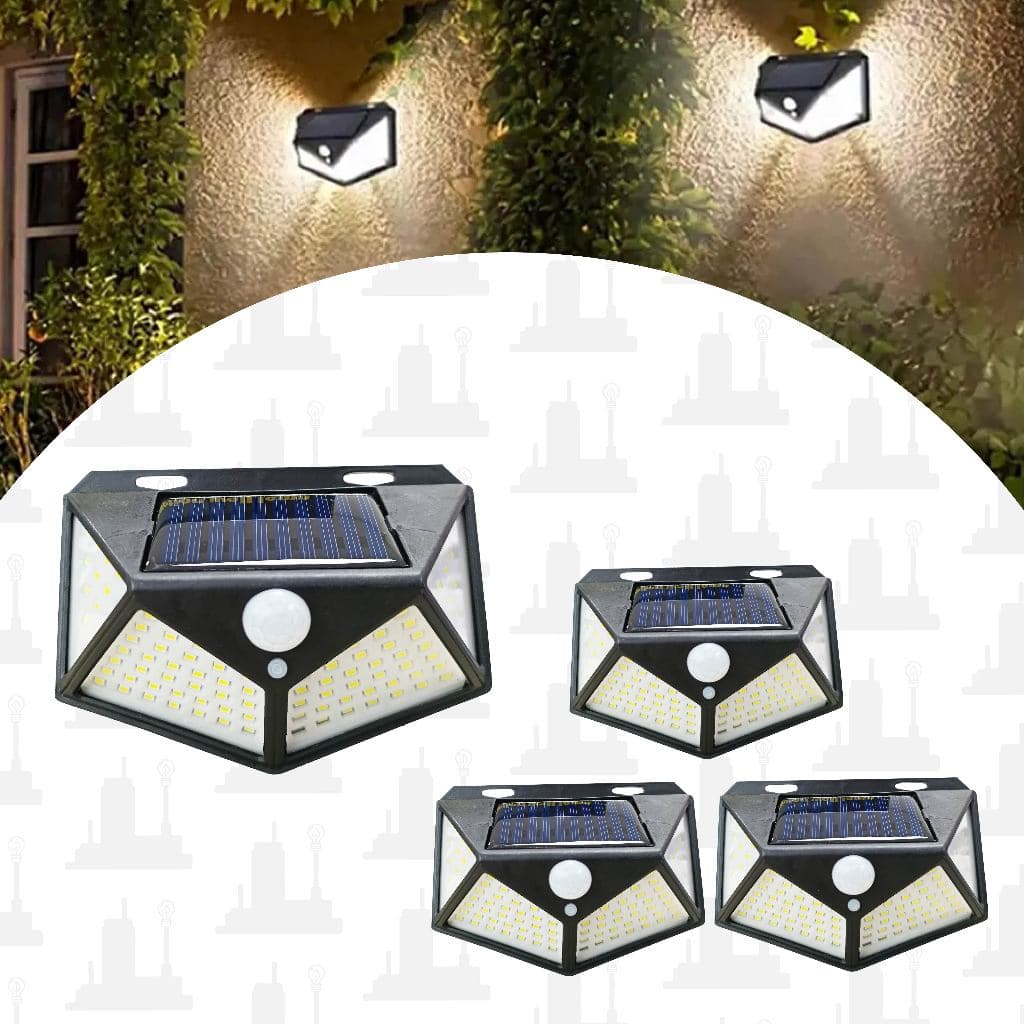 kit 4 Luminária arandela Solar Parede 100 Leds Sensor Presença Com 3 Funções LED FACTORY