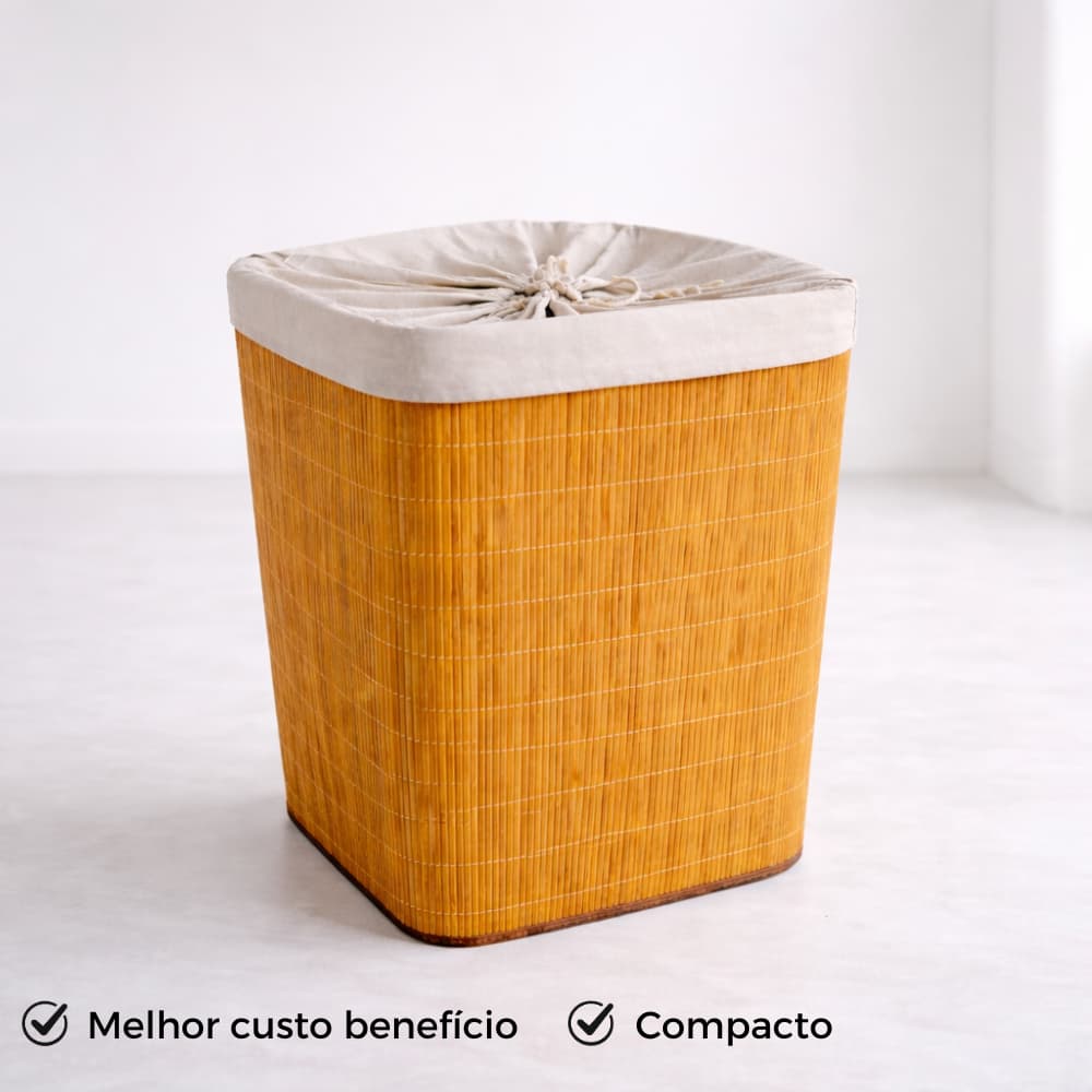 Cesto De Roupa de Bambu Dobravel Organizador Forrado Banheiro Grande Cesto Retangular