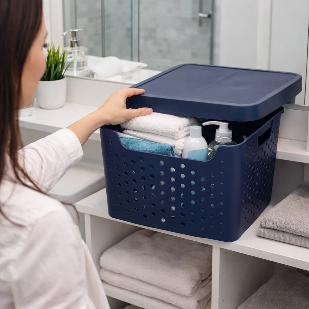Cesto Organizador Multiuso 11 Litros com Tampa – Azul Petróleo – Ideal para Cozinha, Closet e Lavanderia