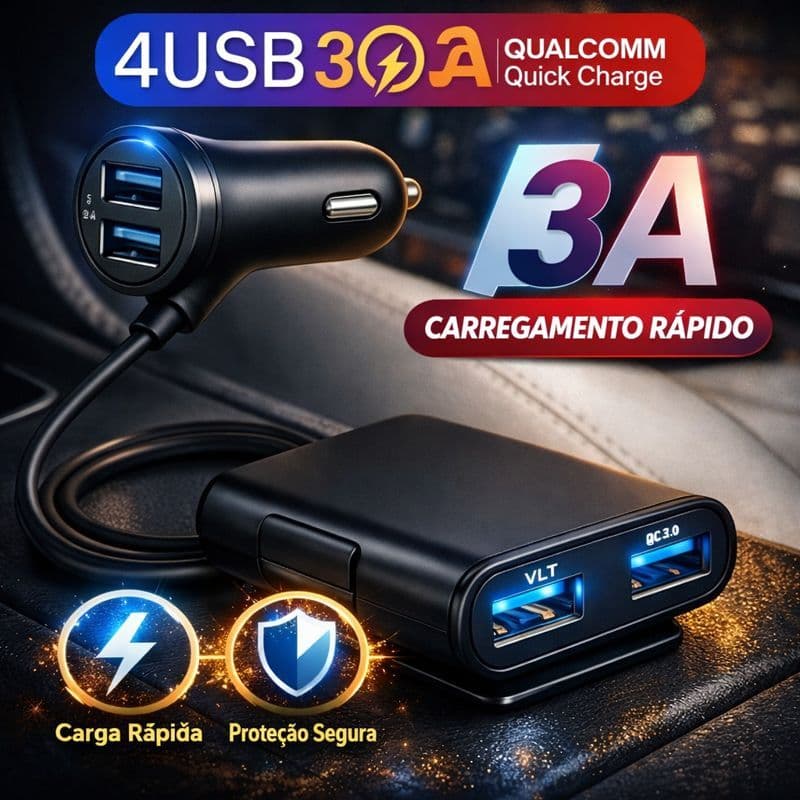 Carregador Veicular Rápido 4 USB 36W com Extensor 1,8m QC 3.0 para Carro e Caminhão ideal para uber