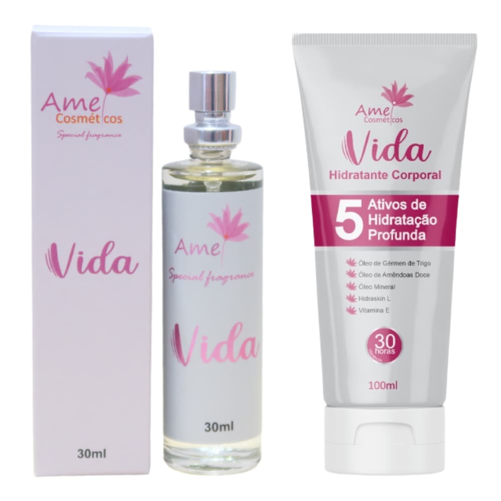 Kit Perfume e Hidratante Feminino Vida Amei Cosméticos Alta Fixação Essência Importada