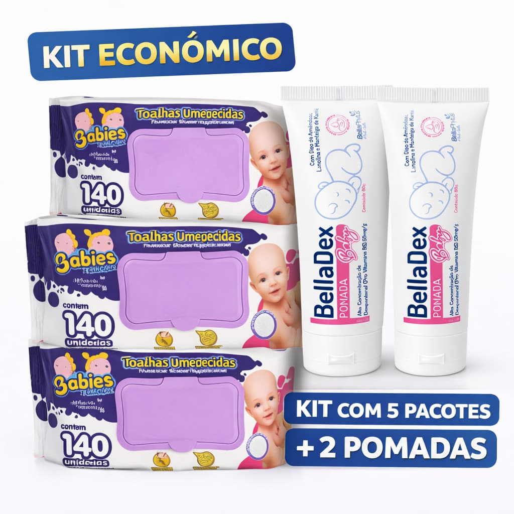 Kit 700 Toalhas Lenços, Babies Extra Umedecidos Toalhas 5 Pacotes C/140 + 2 Pomadas Prevenção Assadura 60gr