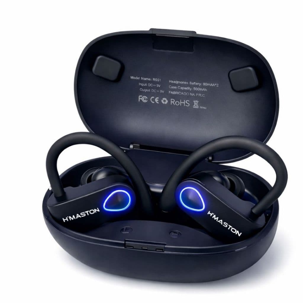 Fone de Ouvido Sem Fio Esportivo Gancho Bluetooth Cancelamento de Ruído TWS Estéreo com LED 15h