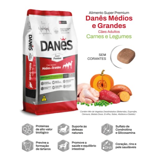 Ração Cães Super Premium Danes Medias e Grandes Carne Batata Doce e legumes 15kg