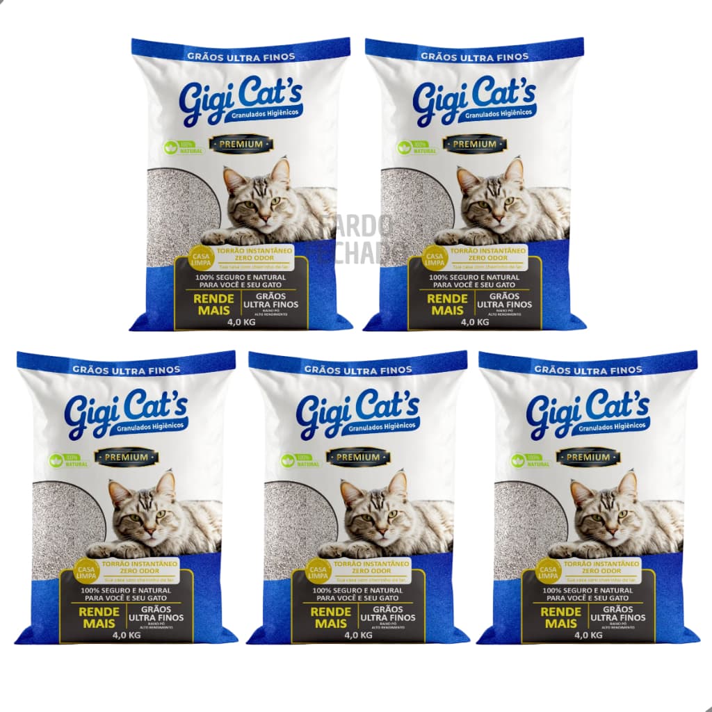 Kit 5 Areia Sanitária Higiênica Natural Premium p Gatos 100% Bentonita Alta Absorção Gigi Cat´s 4 KG