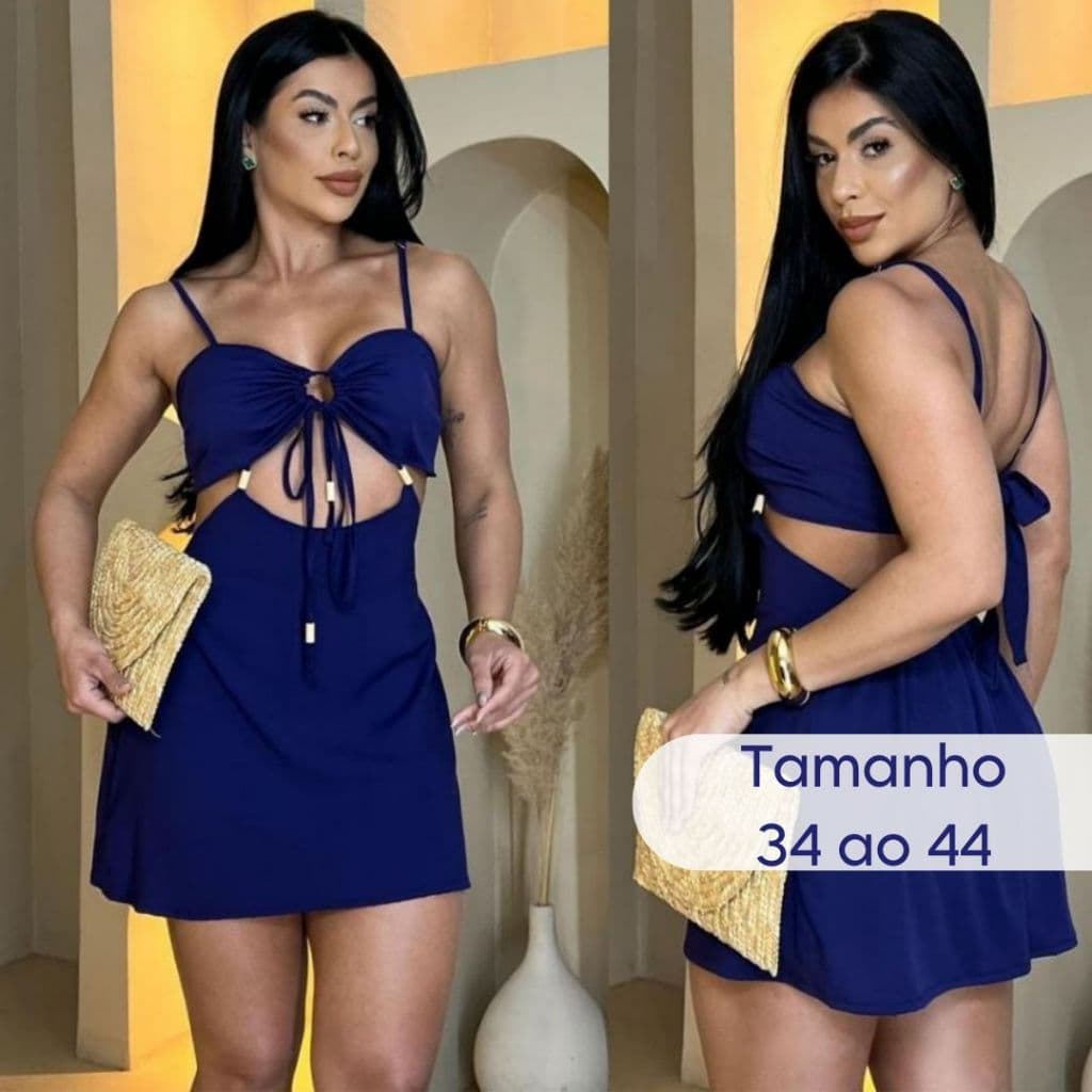 Vestido Curto Feminino Recorte Amarração nas Costas Alças Ajustáveis
