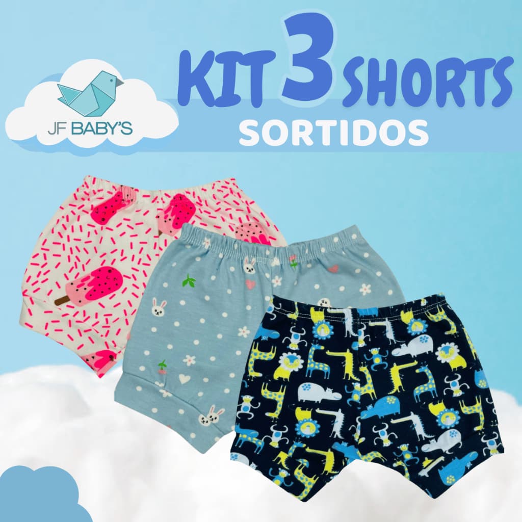 Jogo de 3 Shorts Cotton Bebê Premium Estampado Menina Menino Algodão Tapa Fraldas