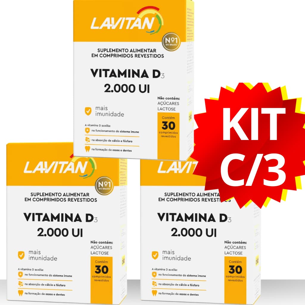VITAMINA D 2.000 UI LAVITAN – KIT COM 3 (90 COMPRIMIDOS) - Apoia Imunidade e Formação Óssea
