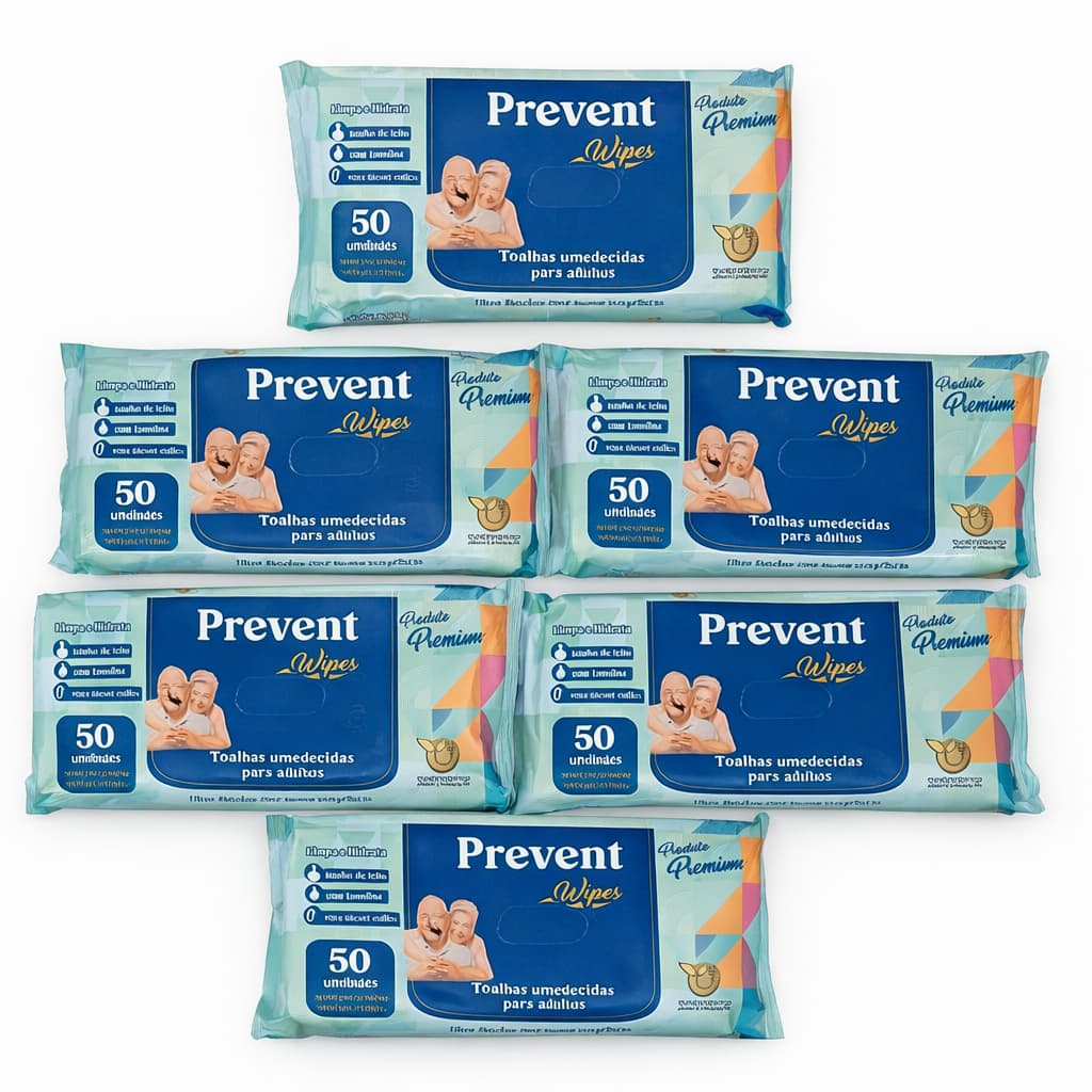 Caixa com 250 Lenços Umedecido com 5 pacotes Geriátrica Prevent 50un Adultos