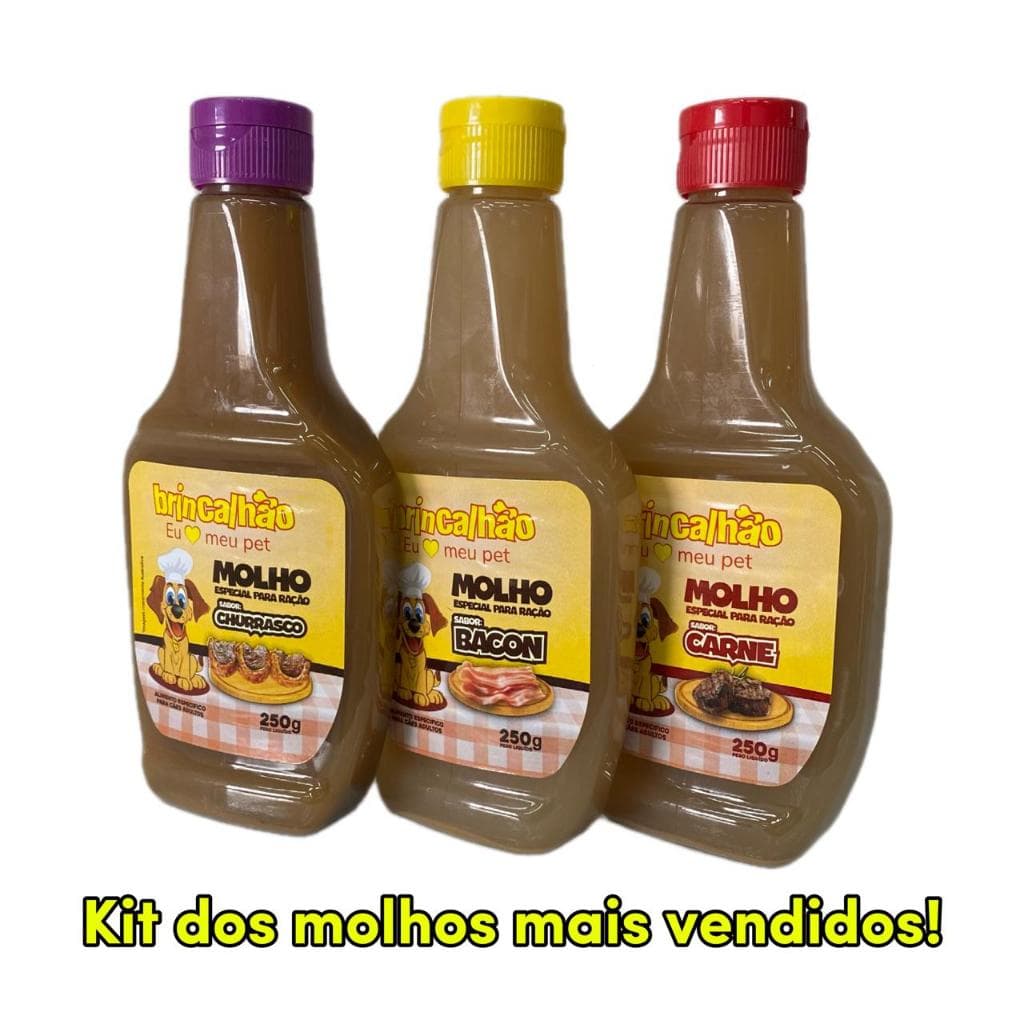 Kit molho para ração de cachorro sabor churrasco, bacon e carne - marca brincalhão