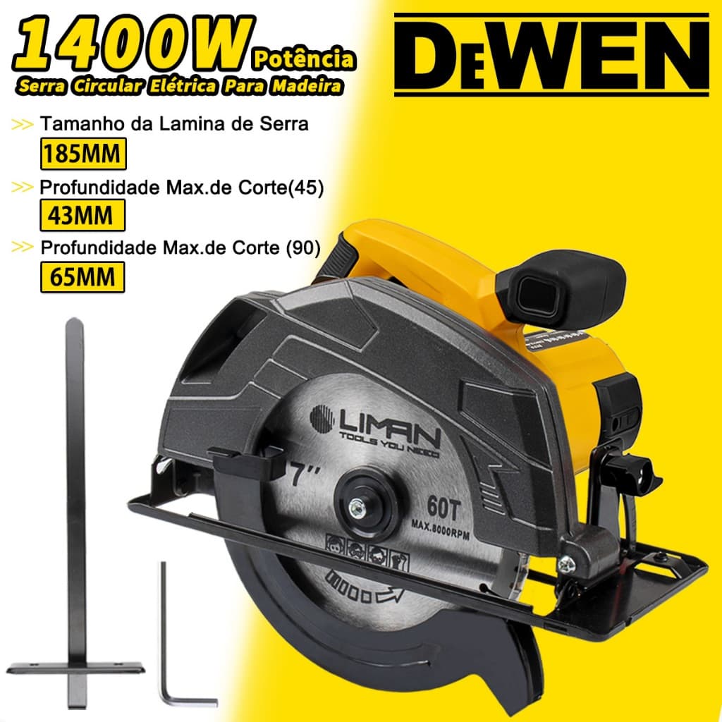 Serra Circular Elétrica Para Madeira，1400W，7.1/4 Polegadas，185mm,5000rpm【220V/127V】