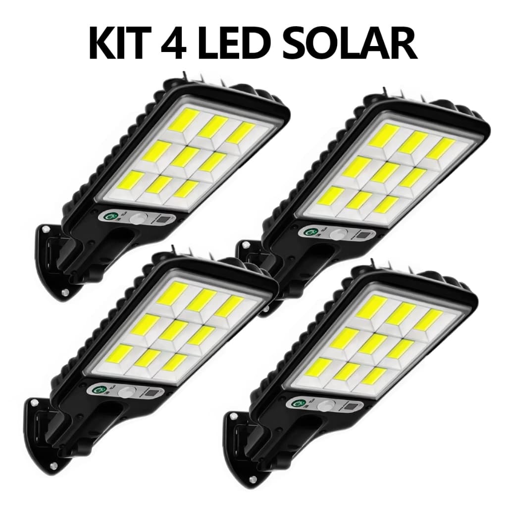 Kit com 4 Luminárias Solares 180 LED｜Sensor e Controle Remoto para Poste e Parede