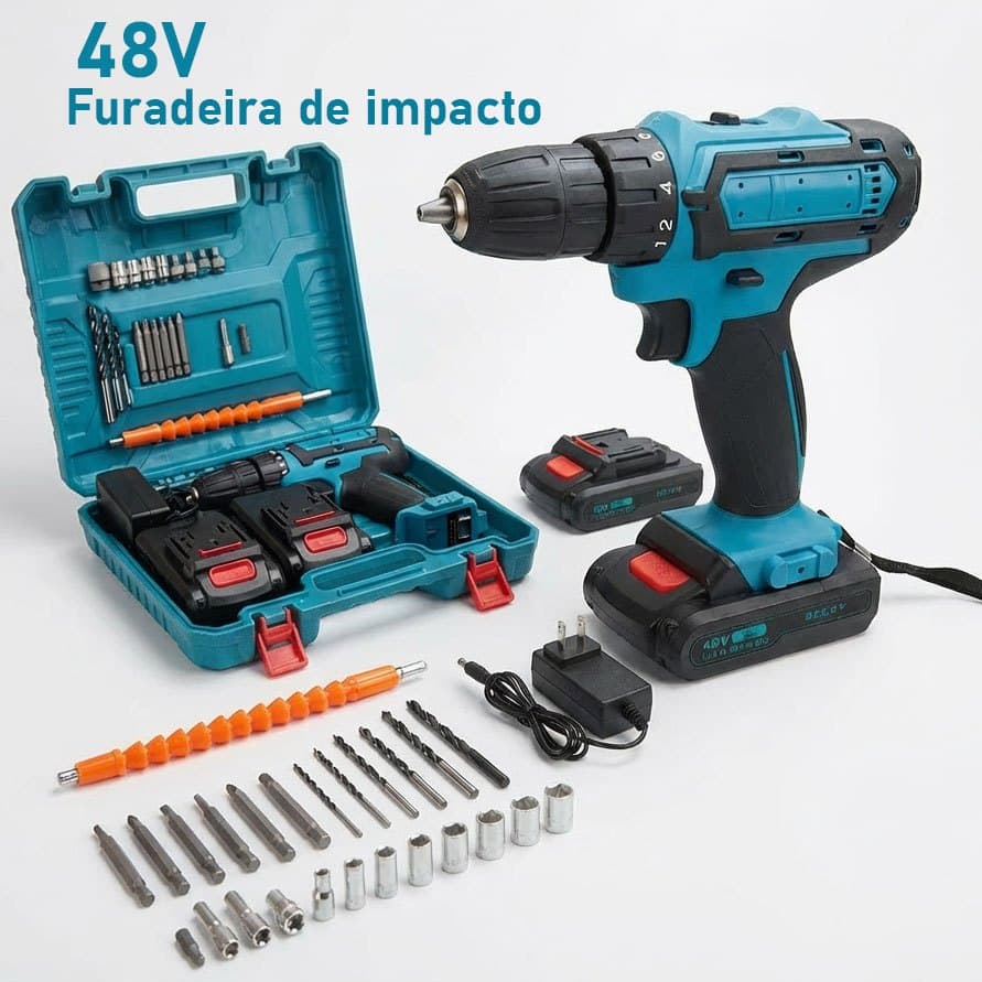 Parafusadeira Furadeira 48V Dual Baterias - Profissional de Impacto com Maleta e Acessórios