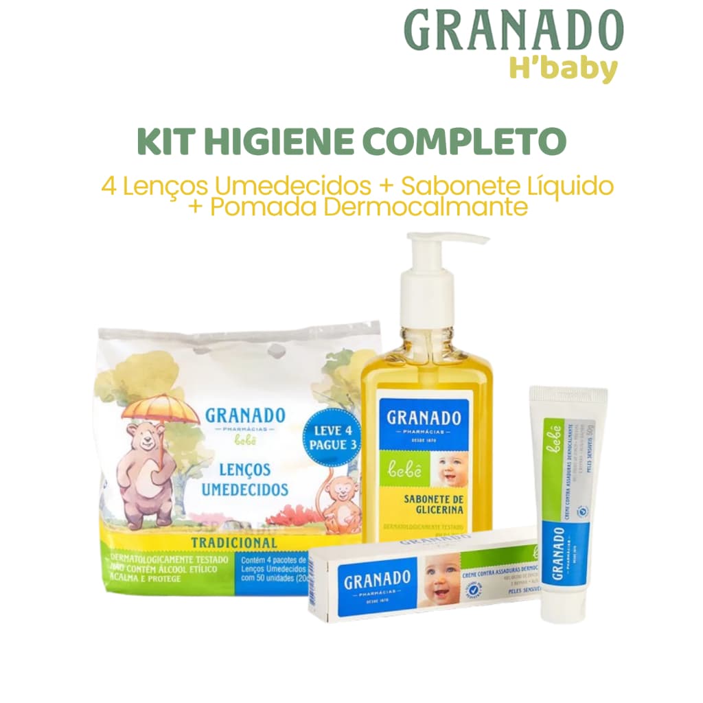 Granado bebê Kit Higiene Completo Sabonete Líquido + Pomada Dermocalmante + 4 Lenços Umedecidos