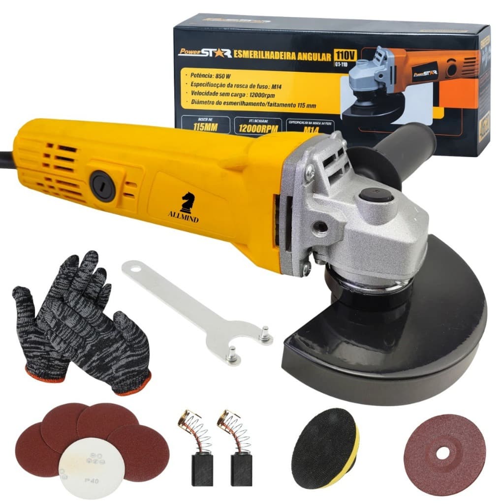 Esmerilhadeira Lixadeira Angular Eletrica 115mm 850W Profissional Com Acessorios Allmind