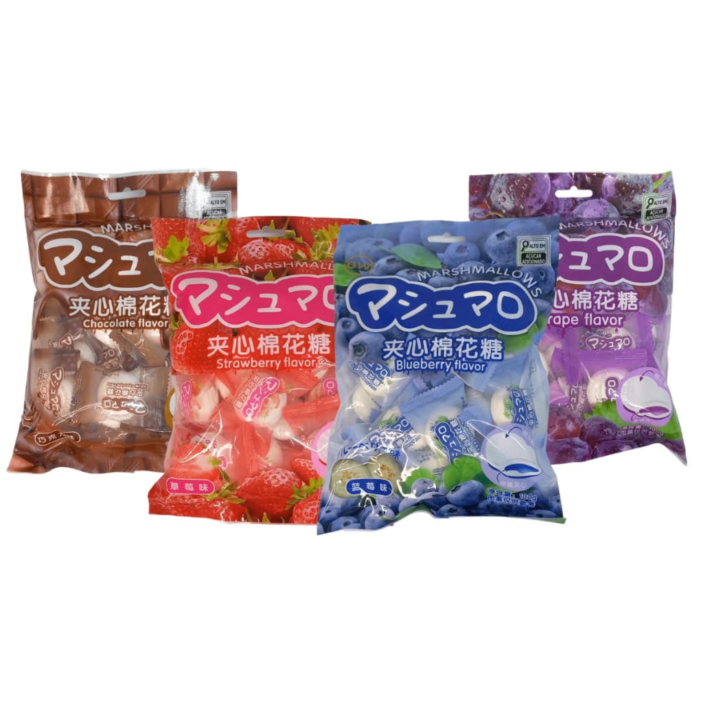 Marshmallow Importado Recheado Mochi 100g - Uva, Morango, Chocolate e Mirtilo