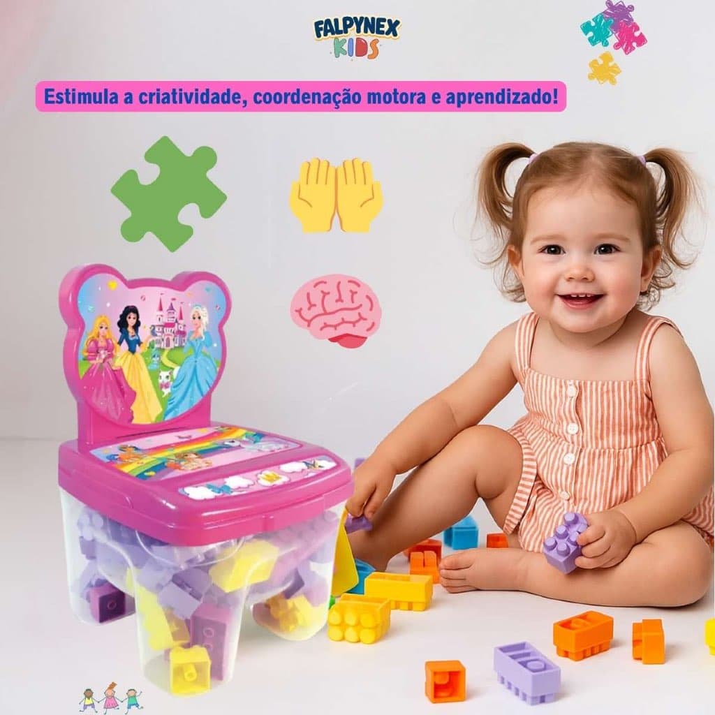 Brinquedo Educativo 2 Em 1: Cadeira + Blocos Grandes 48 Peças para montar blocos tipo Legal