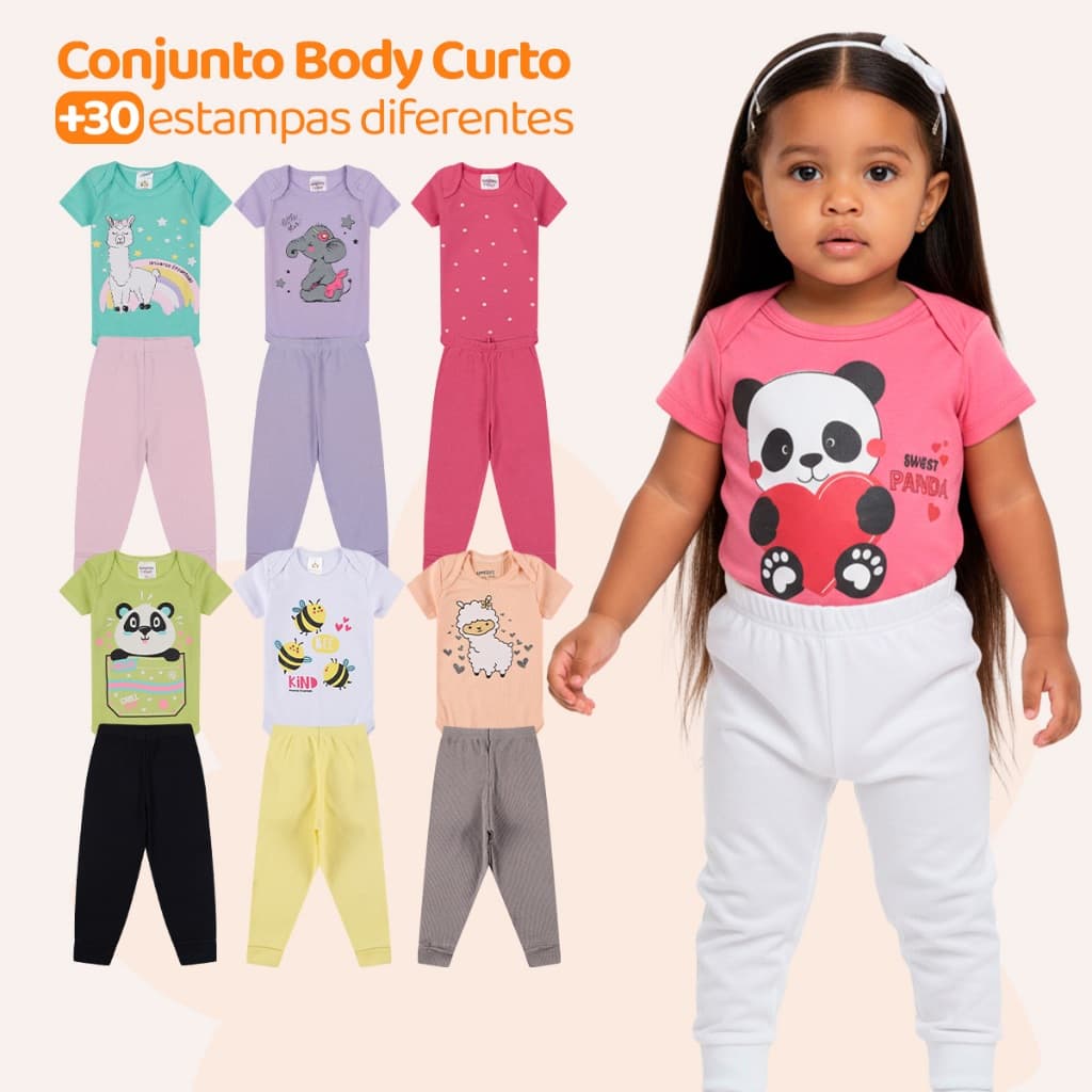 Kit 2 ou 6 Peças de Roupas para Bebê Menina (Body Curto + Calça Mijão) Body Roupa Infantil Feminina para Bebê