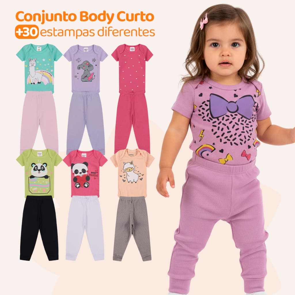 Kit 6 Peças de Roupas para Bebê Menina (3 Body Curto + 3 Calça Mijão) Kit 3 Body Roupa Infantil Bebê