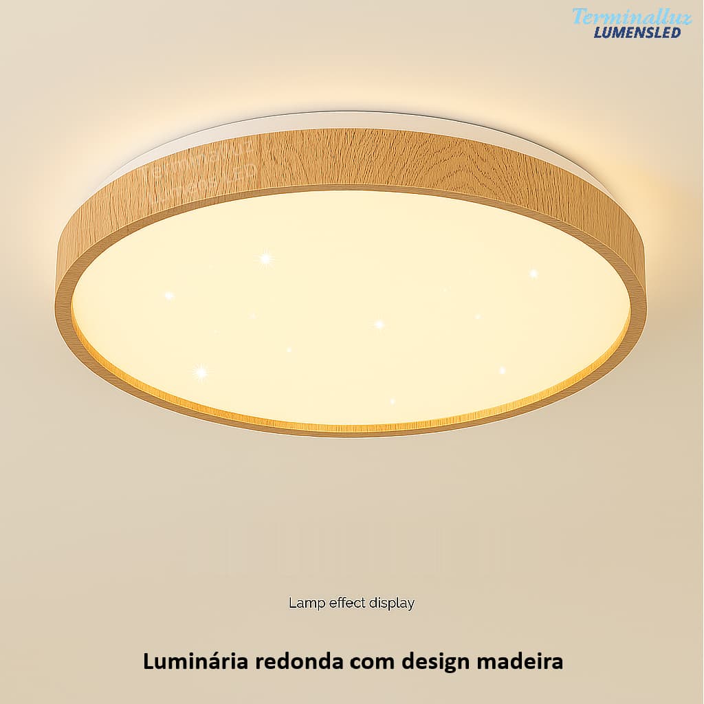 Luminária Plafon Design Madeira Redondo Efeito Céu estrelado Led Multicor Sobrepor 18W/30W