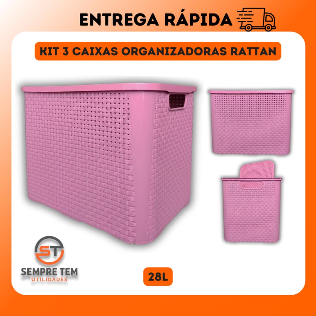 Kit 3  Caixas Organizadoras Rattan 28 Litros Grande Cesto Multiuso Tampa Cozinha Armario Decoração