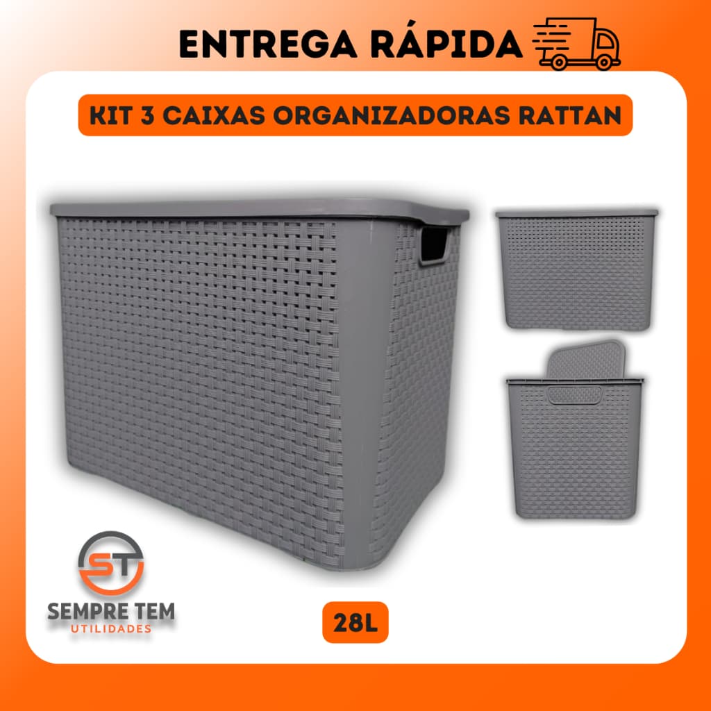 3 X Caixas Organizadora Rattan 28 Litros Grande Cesto Multiuso Tampa Cozinha Sala Quarto  Decoração